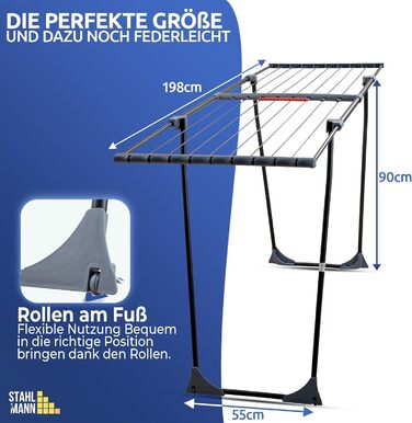 Сушарка для білизни розкладна STAHLMANN® 20м² чорна, з прищіпками для дрібної білизни - Made in EU