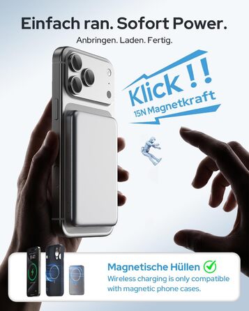 Магнітний Power Bank для iPhone з підтримкою MagSafe 5000mAh, зовнішній акумулятор з бездротовою зарядкою та USB-C, сріблястий