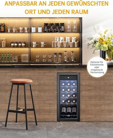 WIE 33L 1-Zone Wine Cooler Fridge - Compact Wine Refrigerator with Glass Door, LED Touch Panel, Anti-UV Protection (18 Bottles)