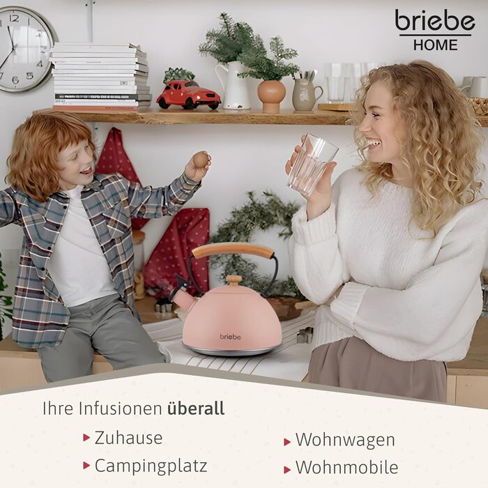 Чайник Induktion Retro 2.3L з нержавіючої сталі, чайник-свисток, чайник для чаю/кави, Vintage Design, для всіх типів плит (газ, електро, склокераміка), з дерев'яною ручкою Cool-Touch, Рожевий
