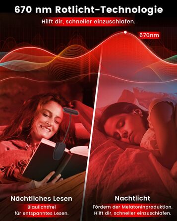 Ліхтарик для читання з червоним світлом 670 нм, кліпса на книгу, з функцією пам'яті, димування та USB-зарядкою. Без синього світла, портативний, для ліжка та захисту очей.