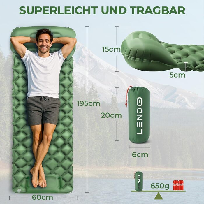 Надувний килимок для кемпінгу самонадувний Ultraleichte 195x60 см з вбудованою подушкою та помпою, водонепроникний, зелений
