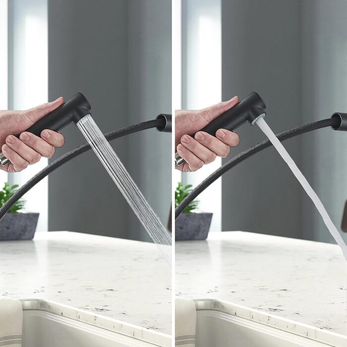 Змішувач кухонний Rozin для мийки, чорний матовий, з висувною лійкою, поворотний 360°, 2 режими, для кухні