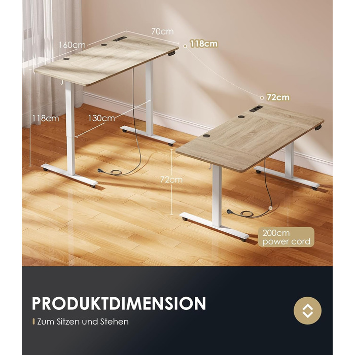 OffiGo Electric Standing Desk with USB Ports - Height Adjustable Desk, Memory Function, 160x70cm - White