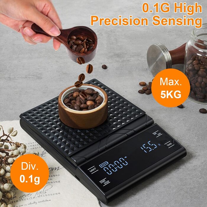 Міні ваги для кави HONPHIER з таймером, 5 кг/0,1 г, LED-дисплей, сенсорне керування, чорний