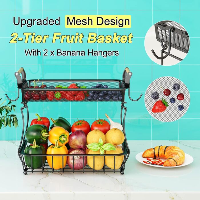 3-Tier Fruit Basket with 2 Banana Hangers for Kitchen Countertop, Vegetable Countertop, Storage Holder, Large Capacity, Metal Wire, Fruit Stand, Organizer for Onion, Snack, Black (Black-2 Tiers (with Banana Hangers))