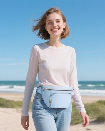 Поясна сумка для жінок та чоловіків, стильна, з 4 кишенями на блискавці та регульованим ремінцем, ідеальна для подорожей та піших прогулянок (світло-блакитна)