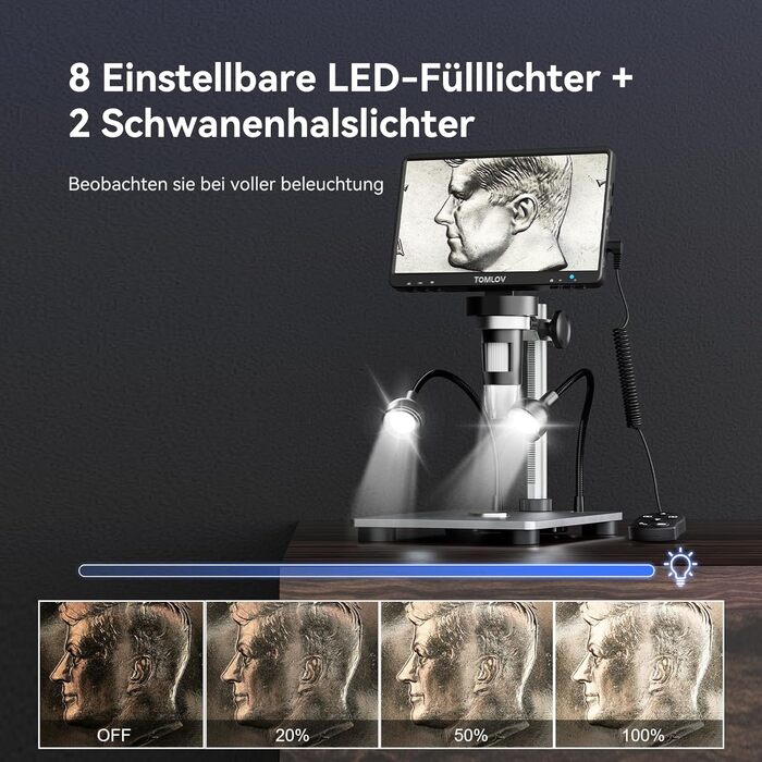 TOMLOV DM9 7' LCD цифровий мікроскоп 1200x, 1080P USB, 12MP, з підсвічуванням LED, для PC/Windows/Mac, 32GB