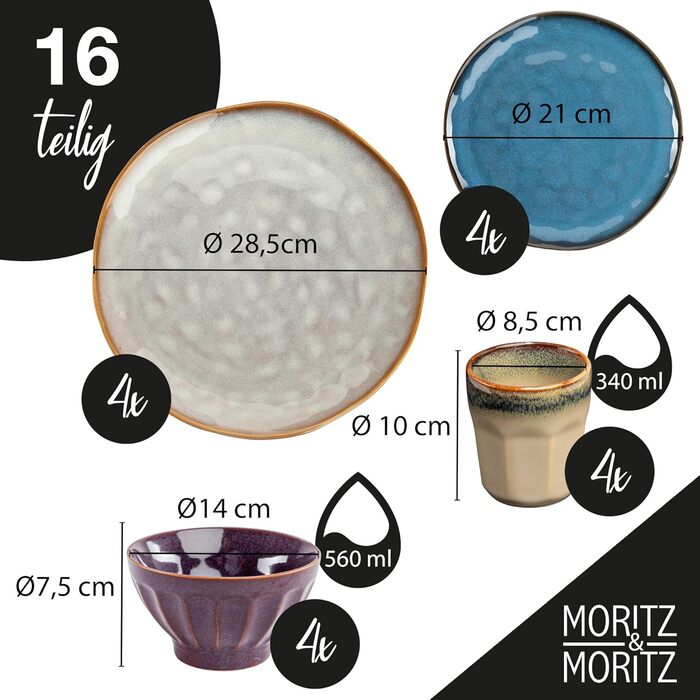 Moritz & Moritz COPA 16-Piece Dinnerware Set - 4 People - Elegant Plate Set made of high-quality stoneware - Dinnerware Set for 4 people consisting of 4 dinner plates, dessert plates, cereal bowls & coffee cups each. Dinnerware Set (4 people)