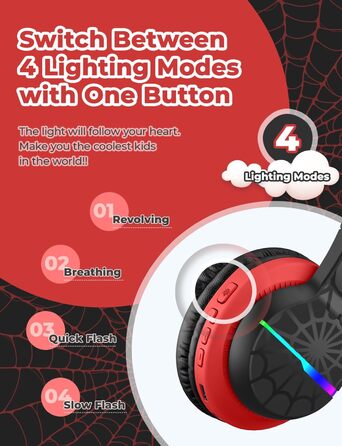 iClever Бездротові навушники для дітей з LED-підсвіткою, Over-Ear, Bluetooth 5.2, мікрофон, BTH12 (Чорний/Червоний)