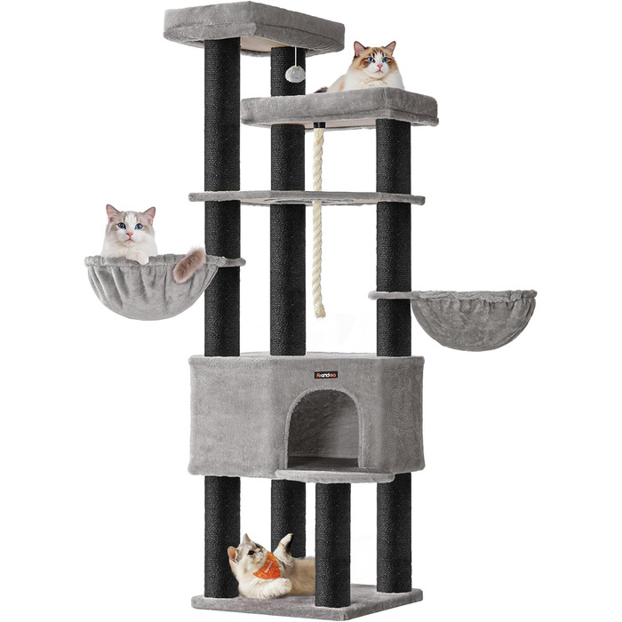 Дерево для котів Feandrea, багатоярусне, XXL, 55 x 186.7 x 55 см, товщина сизалю 11 см, для великих котів (наприклад, Мейн-кун), сіро-чорний колір, артикул PCT008G02