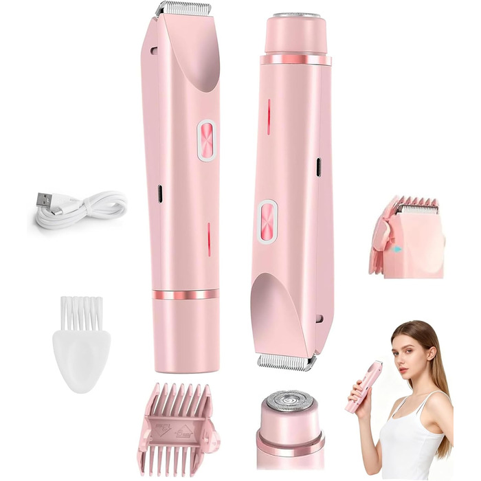 Електричний триммер для бікіні Damsel, 2-в-1, водонепроникний IPX7, рожевий. Для тіла, обличчя, брів, вусів, бороди, рук та ніг.