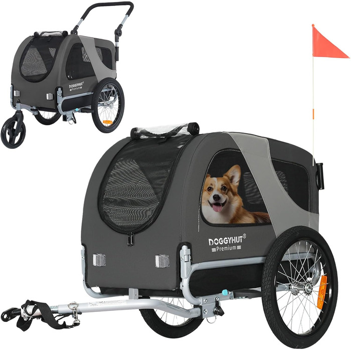 DOGGYHUT® Преміум візок для собак 2-в-1: візок-бугель для собак до 23 кг (Сірий)