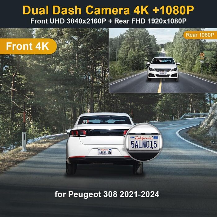 Відеореєстратор Fitcamx 4K для Peugeot 308 (2021-2025) з Wi-Fi, Full HD 1080P задньої камери, G-сенсором та картою 64GB