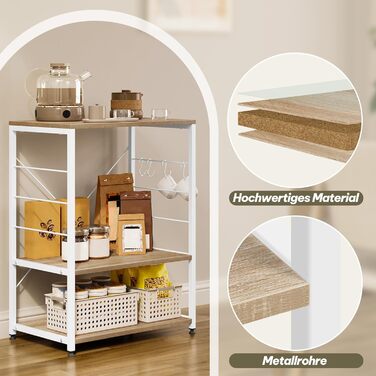 Kitchen Shelf, Microwave Shelf with 4 Hooks, Baking Shelf with 3 Tiers, Storage Shelf for Kitchen, Cafe, Living Room, Bathroom, 60 x 82 x 40 cm, Light Oak + White