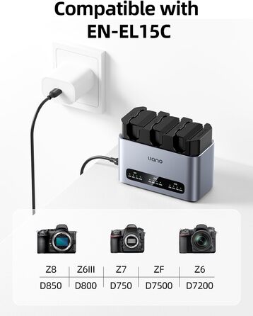 Набір з 3 акумуляторів llano EN-EL15C та швидкий зарядний пристрій 30W для Nikon Z8, Z7II, Z5II, ZF, Z6III, D850, Z7, Z6II, Z6, D7500, D750, D7200, алюмінієвий корпус, LED-індикація