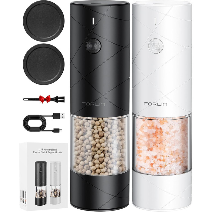 FORLIM Salt and Pepper Grinder Electric, USB Rechargeable Pepper Grinder with LED, with Adjustable Ceramic Grinder Spice Grinder, Lower Noise, 7 Levels of Thickness Adjustable, 2 Pack (Black+White)