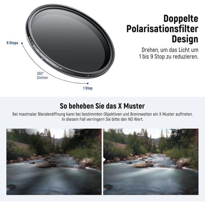 NEEWER 67mm змінний ND фільтр, ND2-400, 1-9 ступенів затемнення, з антибліковим покриттям, для об'єктивів камер