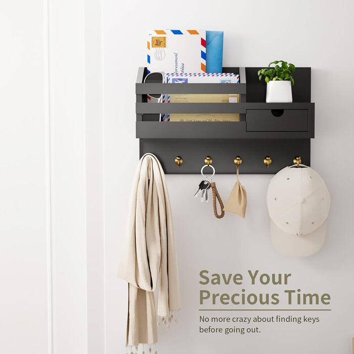 Настінна органайзер для ключів з 6 гачками та шухлядою, дерев'яна полиця для ключів, настінна вішалка для ключів, для прихожей, офісу, вітальні (білий)