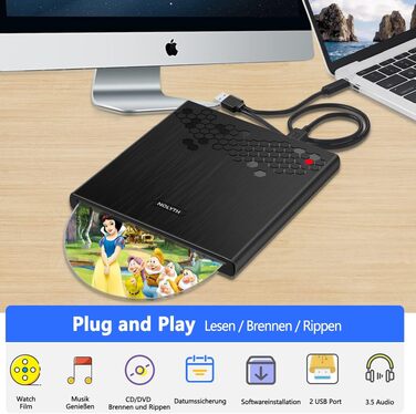 Зовнішній CD/DVD привід для ноутбука USB-C: слот-ін DVD-брунер та плеєр для Mac, MacBook, Windows з кнопкою вильоту