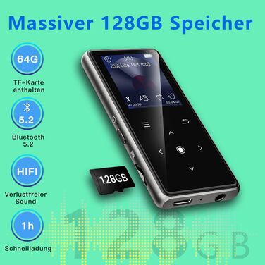 MP3-плеєр AiMoonsa 64GB з Bluetooth 5.2, FM-радіо, HiFi-звук та E-Book функцією (чорний)