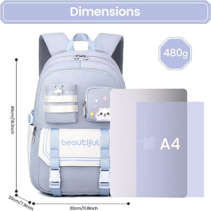 Дитячий рюкзак IvyH для дівчаток – велика місткість, водонепроникний, ідеальний для школи (блакитний)