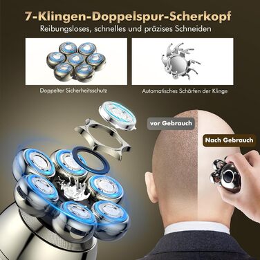 Електричний голєний апарат ETENTOUS Glatzen Rasierer для чоловіків 6-в-1, з 7 ротаційними головками та тримером для бороди, водонепроникний (IPX6), USB-C, для гоління голови та бороди