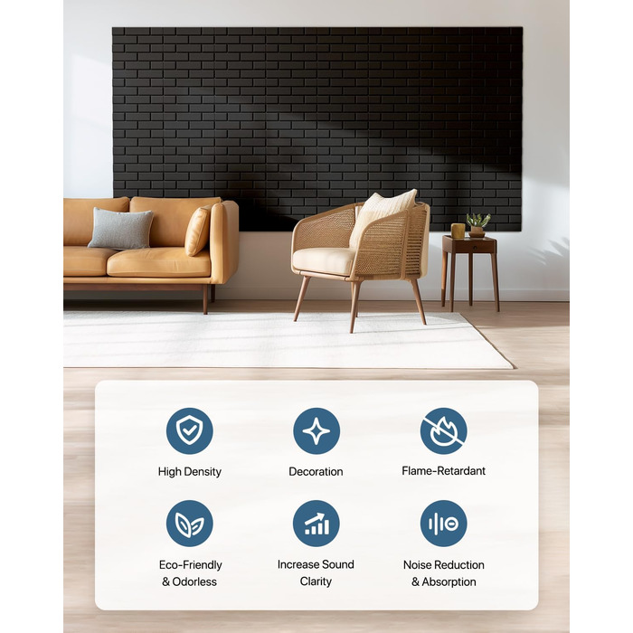 Акустичні панелі Kuchoow самоклеючі звукопоглинаючі плити 30x30x0,9 см, чорні (12 шт) для студії, офісу та звукоізоляції стін