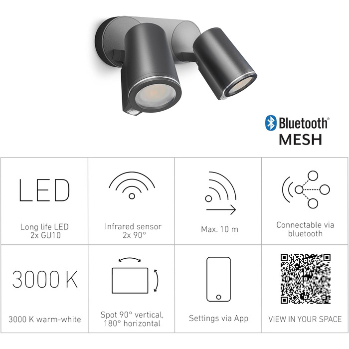 Steinel LED Spotlight DUO SC Connect, smart outdoor wall light, motion sensor, dimmable, controllable via app, schedule function, 7 W, 3000K, Anthracite