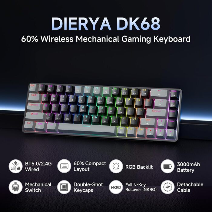 Dierya DK68 - Бездротова ігрова клавіатура з RGB підсвічуванням (68 клавіш, механічні перемикачі Red, QWERTY, Grey-Black)