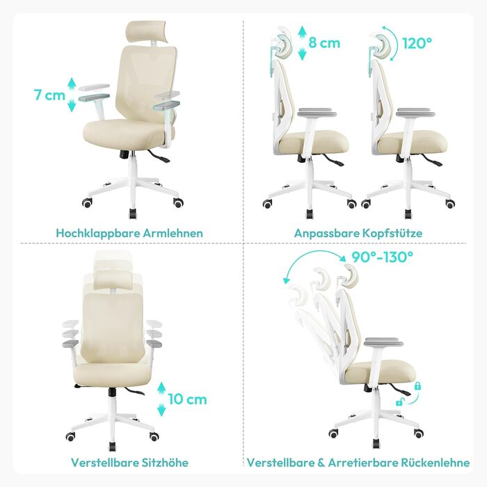 Офісне крісло Yaheetech ергономічне з регульованою підголівником, підлокітниками та поперековою підтримкою, поворотне, з функцією відкидання спинки до 130°, регульована висота (Бежевий)