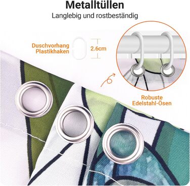 Штора для душу 200x200 см, зелені листки, антигрибкова, текстильна, водовідштовхувальна, поліестер, з кільцями (1 шт)