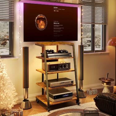 HiFi тумба з колесами для програвача, стереосистеми та ТВ 60x52x78 см. Дерев'яна, 5 полиць, з розетками та LED підсвіткою