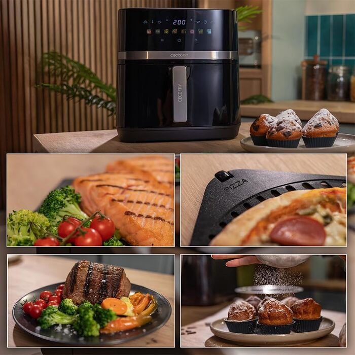 Cecotec Oil-Free Hot Air Fryer 8L Grill Plate - Grill - Double Heating Elements - Cecofry&Grill Duoheat 8000. 2200W, Dietetic and Digital, Window, Temperature Control 80-200°C, 8 Menus