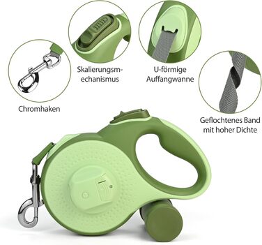 Рулетка для собак з LED-підсвічуванням та тримачем для відходів, 8 м, для собак до 50 кг, без перекручування, з функцією швидкого гальмування