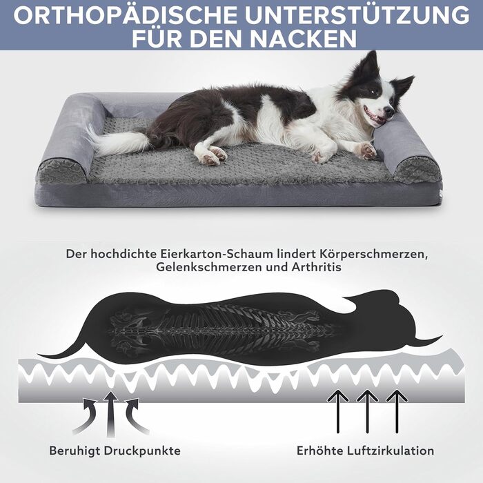FURTIME Orthopedic Dog Bed for Large Dogs - Ergonomic Dog Cushion - 89x64 cm Dog Sofa Washable Dog Cushion (L - L 89 x W 64 x H 17 cm, Grey)