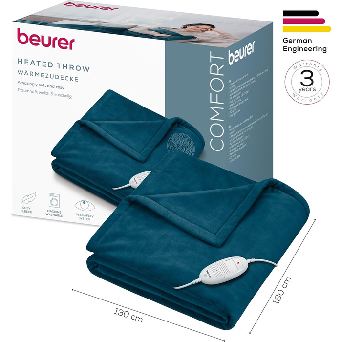 Електрична ковдра Beurer HD 75 з 6 режимами нагріву, системою безпеки та автовимкненням, 180x130 см (Petrol)