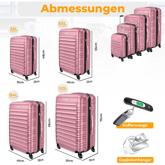 Набір валіз KESSER® з ABS-пластику (S-M-L-XL) з телескопічною ручкою, 4 колеса, ваги та бірка, рожевий
