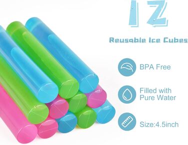 12 Reusable Ice Cubes for Drinks, Quick Freeze, Reusable Water Bottle, Ice Stick, BPA-Free, Washable Plastic Ice Cubes for Whiskey, Wine, Coffee (Multicolor)