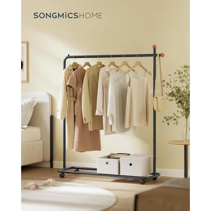 SONGMICS HOME Clothes Rack with Wheels, Coat Rack, 2 Clothes Rails, Shelf, Side Organizer, Matchstick-Shaped Hooks, Stable, Bedroom, Hallway, HSR171B01 (39W x 154.6H cm, Ink Black)