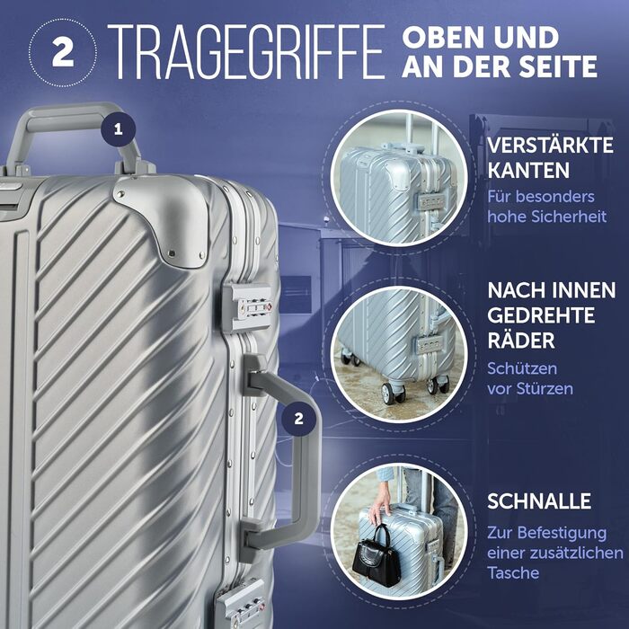 Валіза ручної поклажі 20 дюймів (срібна) з алюмінієвим каркасом, водонепроникна, з кишенями для ноутбука та захистом кутів | Валіза на колесах, екстра стабільна