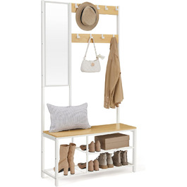 VASAGLE Coat Rack, Coat Stand with Hooks, Clothes Rack with Mirror, Shoe Bench and Shelves, 36 x 98 x 185 cm, for Entryway, Bedroom, Living Room, Vintage Brown-Black HSRAM050B01 (Oak Color + White)