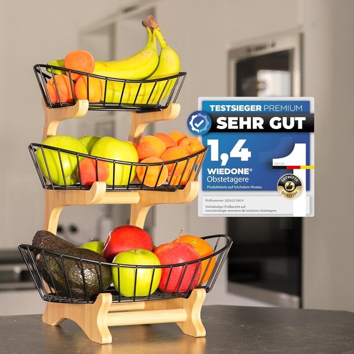 Дерев'яна етажерка для фруктів на 3 ярусах, чорна - фруктова корзина, підставка для фруктів, органайзер для кухні