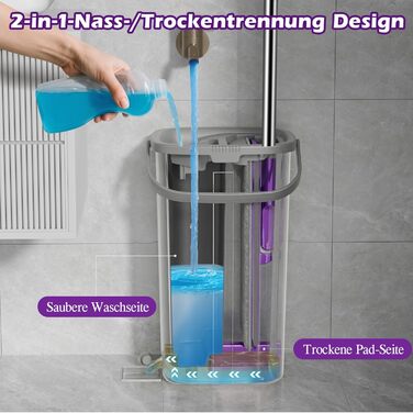 Набір для миття підлоги MASTERTOP з відром, моп з нержавіючою ручкою та 3 насадками, 2 в 1 набір відра та мопа, плоский моп з функцією віджиму для твердої підлоги, ламінату, плитки (Бежевий) (Набір для миття підлоги з відром: Фіолетовий)