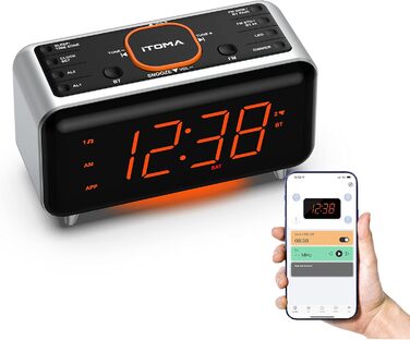 iTOMA Radio Alarm Clock with App Control, Bluetooth, FM Radio, Dual Alarm with 4 Alarm Modes, Easy Snooze, Dimmer, Orange Night Light, 12/24 Hr via USB Charging Port CKS208