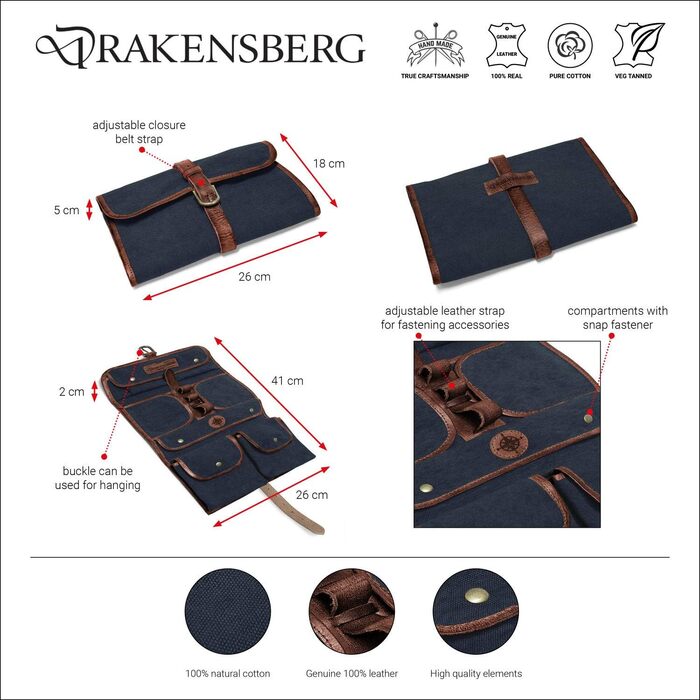 Чоловічий вишуканий органайзер для туалетних аксесуарів Drakensberg 'Sid' - виготовлений з канвасу та шкіри, багато відділень, екологічний, темно-синій, DR00196