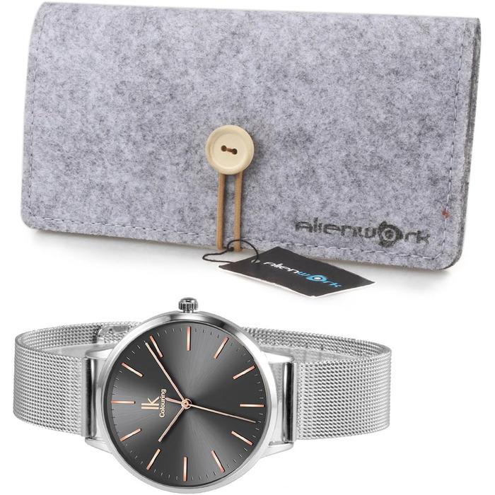 Годинник жіночий Alienwork IK Minimalist, ультратонкий, сітчате браслет (срібло/сірий/сріблястий сітчастий ремінець)