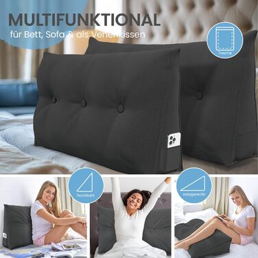 Підголовник для спини ELONEO 70 см, клиновидна подушка для ліжка та дивана, трикутна подушка для читання, знімний та пральний чохол, з практичною кишенею, антрацит, 70 см