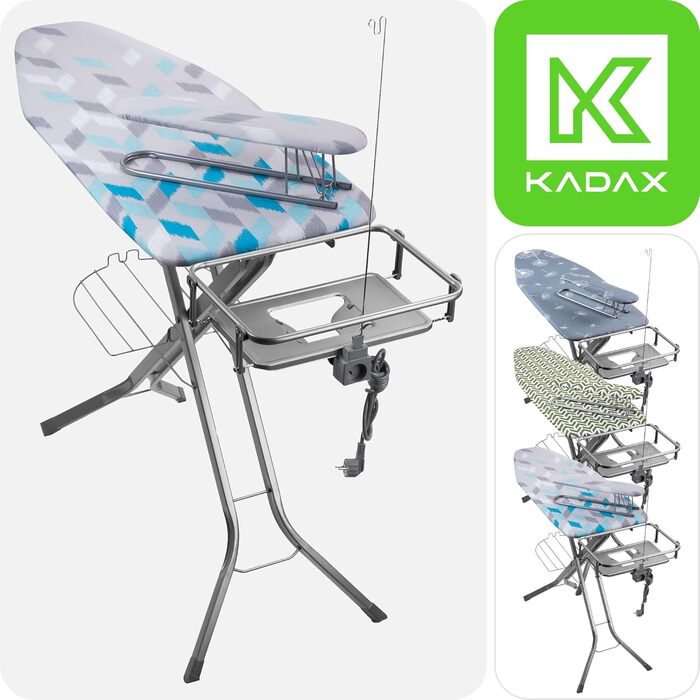 Прасувальна дошка KADAX з підставкою для рукавів 130x41 см, поверхня для прасування 53x13 см, з відсіком для праски та розеткою, складана прасувальна станція з парогенератором, Made in EU (Блакитна)