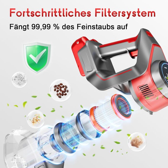 Бездротовий акумуляторний пилосос 45000 Па – 45 хв роботи, тихий (<65 дБ), LED-дисплей, 8-в-1 бездротовий пилосос з антизаплутаною насадкою та HEPA-фільтром – для шерсті тварин, килимів, твердих підлог та алергіків, червоний